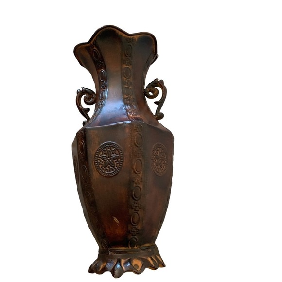 METAL Vase Autumn Brown and Rust colored Flower Holder 13" tall, 7" wide - Picture 1 of 7
